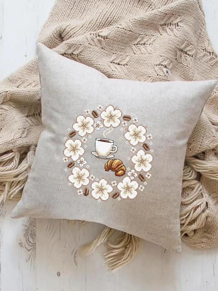 Cup of coffee cross stitch pattern PDF download Croissant cross stitch chart, Floral coffee pattern digital PDF, Flower wreath #F20