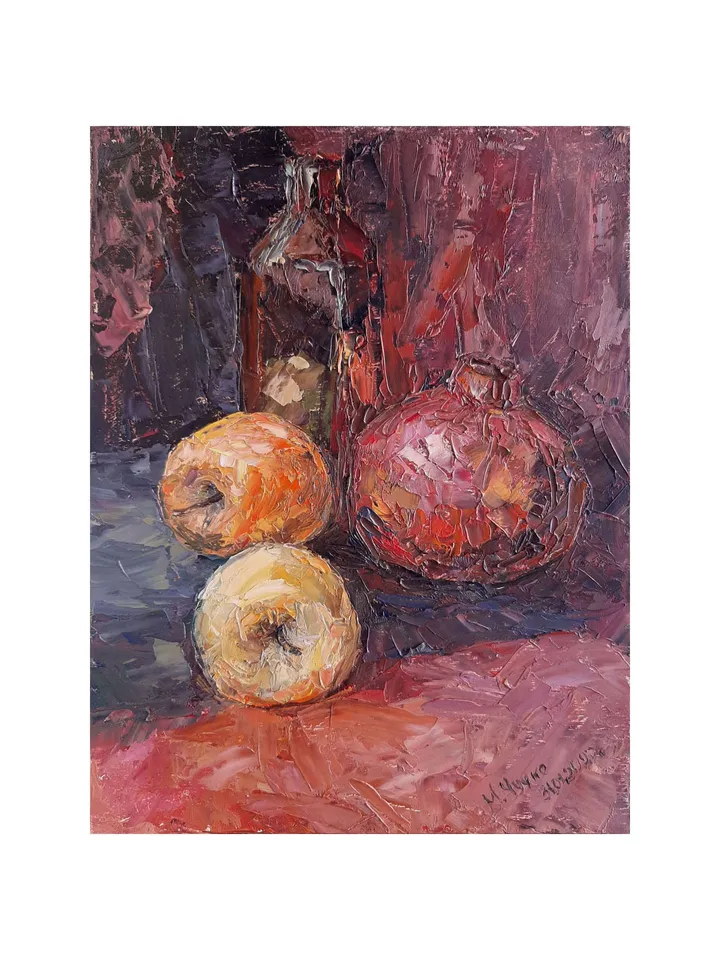 Pomegranate Apple Painting 9x6,9" ORIGINAL ART Still Life with Fruits Kitchen Artwork Signed by artist Marina Chuchko