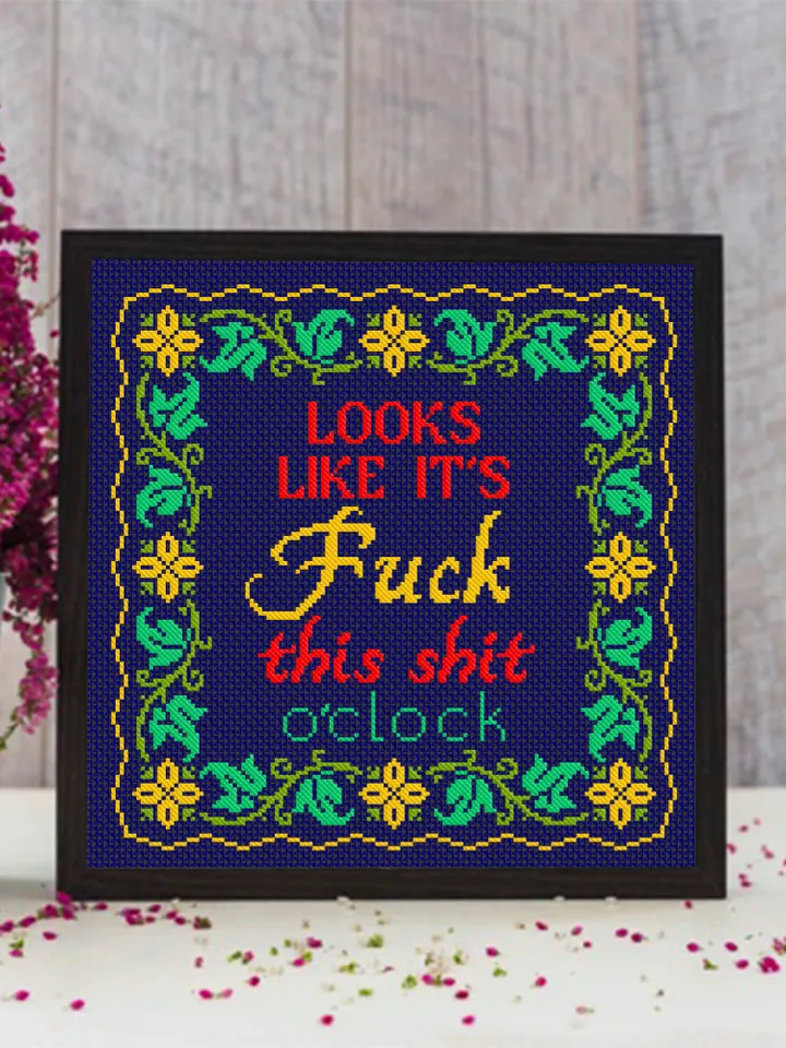 Framed quote cross stitch pattern download PDF, Looks like it is fuck this shit Floral frame cross stitch, Flower border cross stitch #Q13