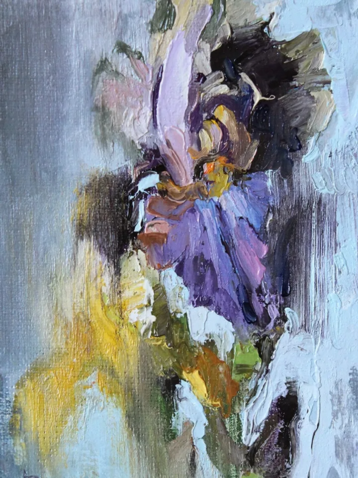 Irises, miniature oil painting, 4x6", 3 d