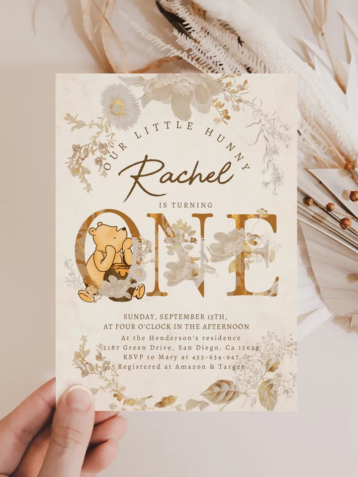 Classic Winnie Pooh Baby Birthday Digital Invite; Wizard  Baby Birthday Evite; Greenery Baby Birthday; Honey Bear Evite; Winnie Invitation