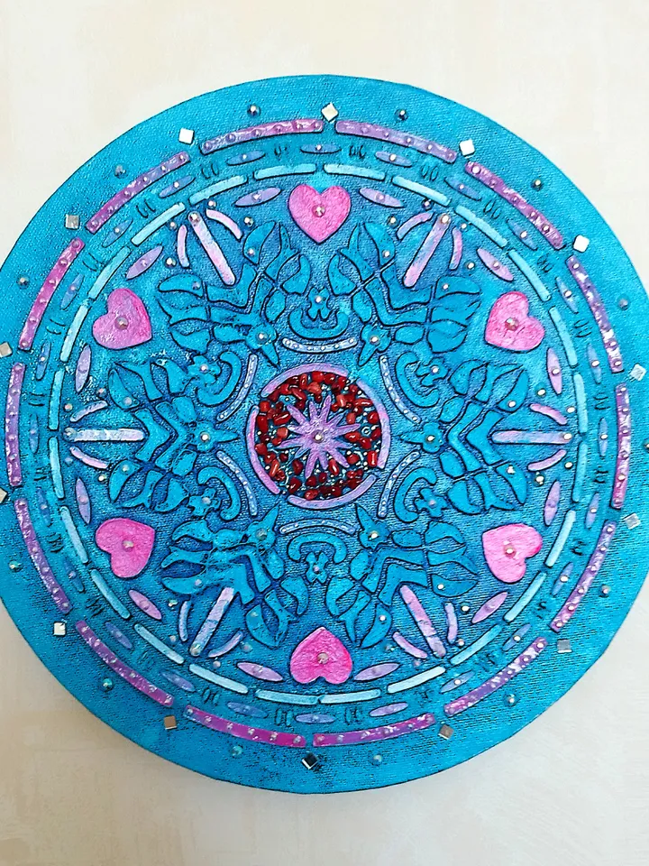 Mandala textured painting. Mandla love wall decor glitter art