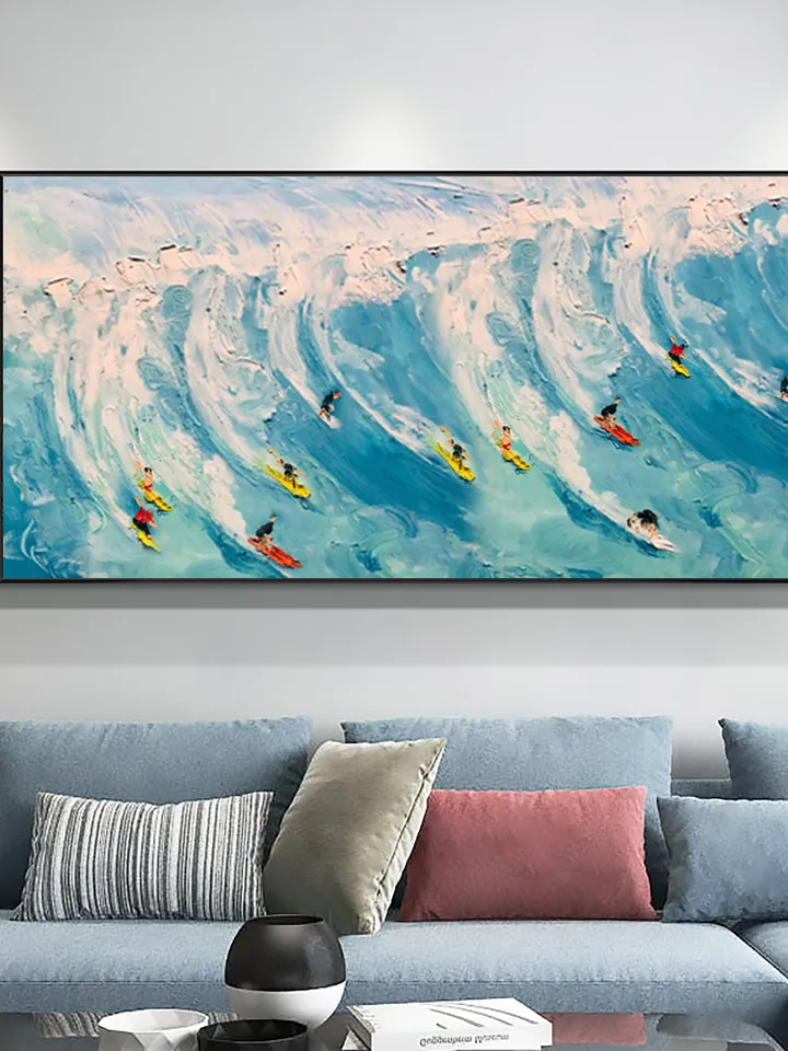 Original Surf Painting on Canvas Custom Painting Texture Wall Art Personalized Gift Blue Ocean Waves Nature Scenery Art Bedroom Wall Decor