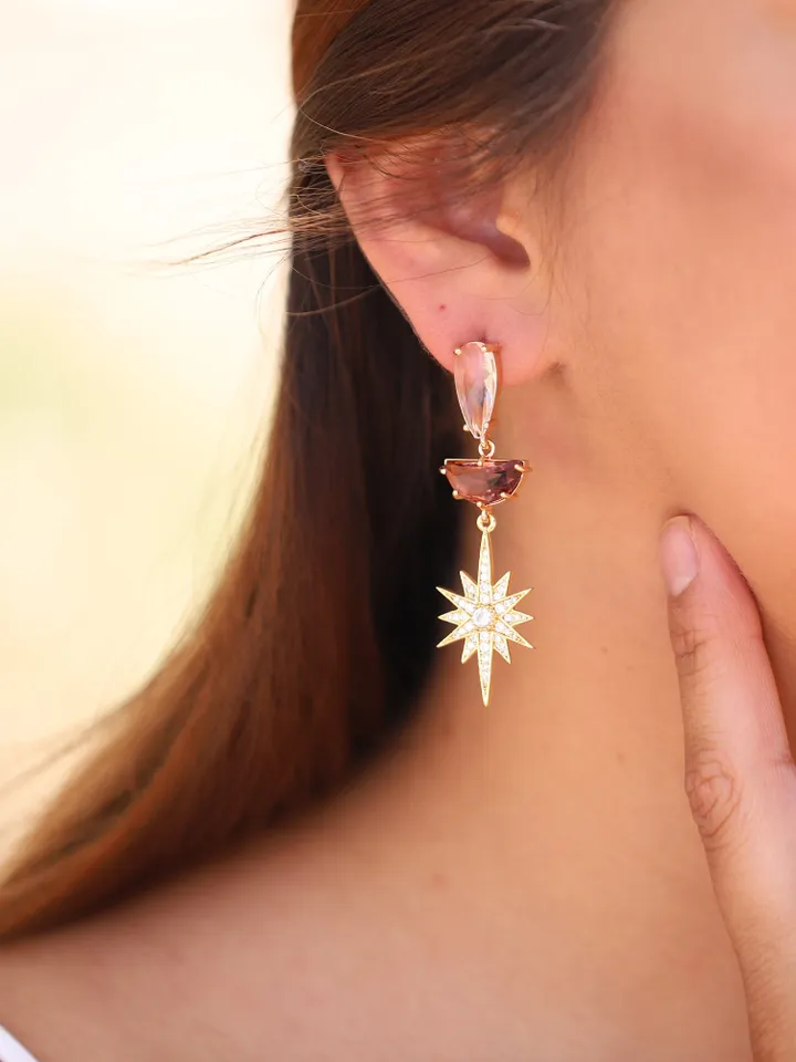 Art Deco Gold Star Wedding Earrings, Emerald Green Statement Bridal Earrings, Celestial Earrings, Boho Bridal Earrings, Statement Jewelry
