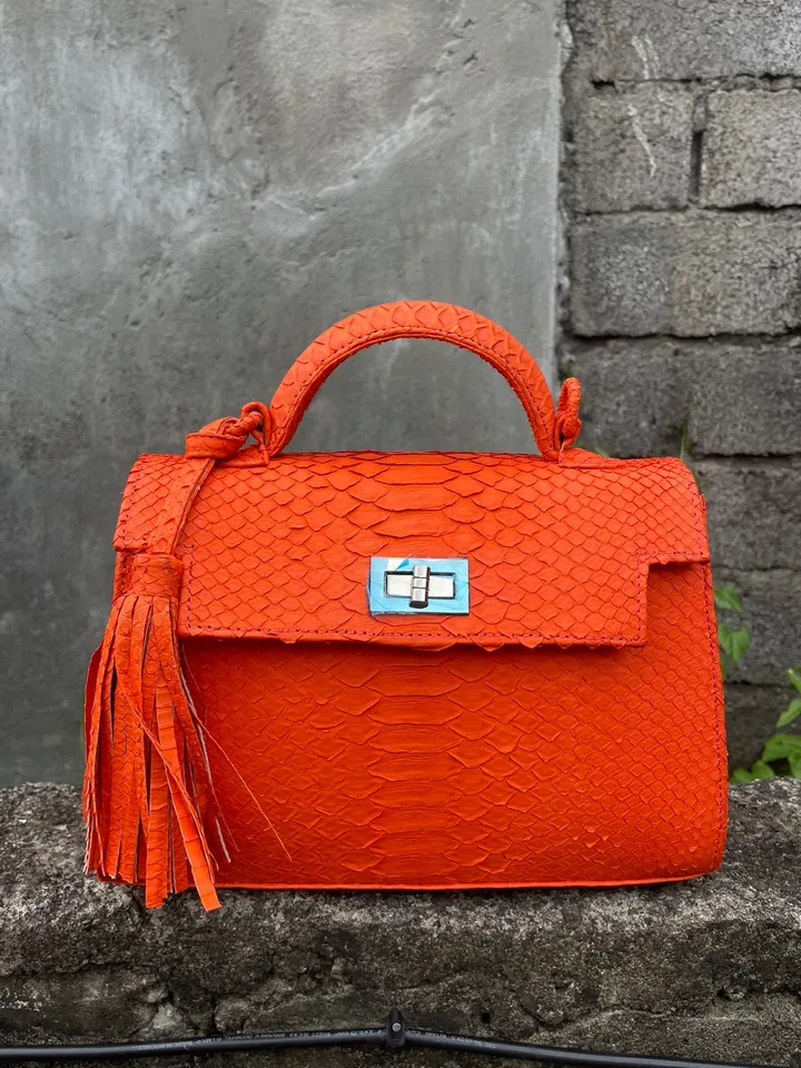 Top handle orange classy genuine python skin bag | exotic leather bags | Elegant women purse | snake skin bag | designer leather bag