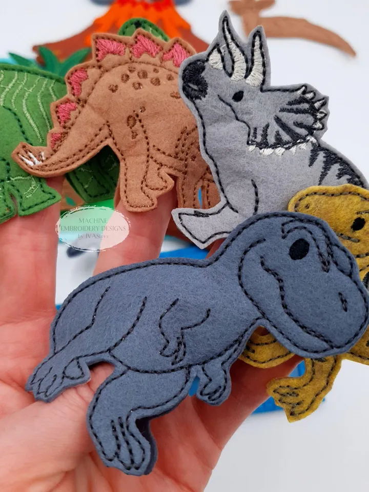 Dinosaur Finger Puppet Machine Embroidery Designs | ITH Dino Felt Toy Pattern Set with Volcano & T-Rex | Quiet Book Storytelling | 5x7 Hoop