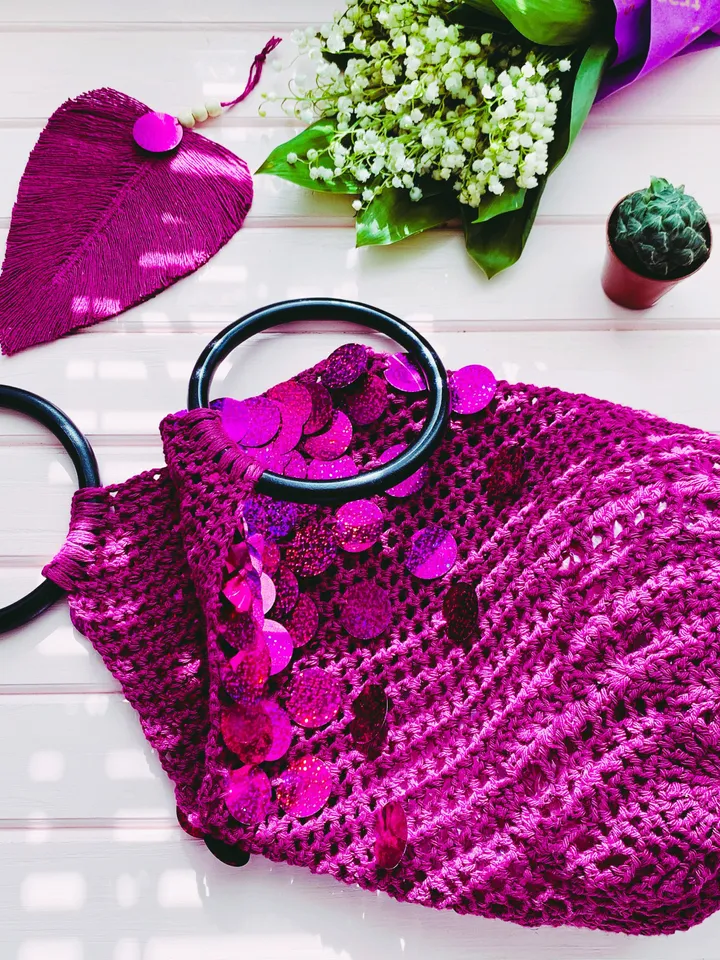 Purple farmer cotton bag with sequins, eco friendly bag, avoska net bag, market vegan bag, tote beach, macrame yoga tote, pound