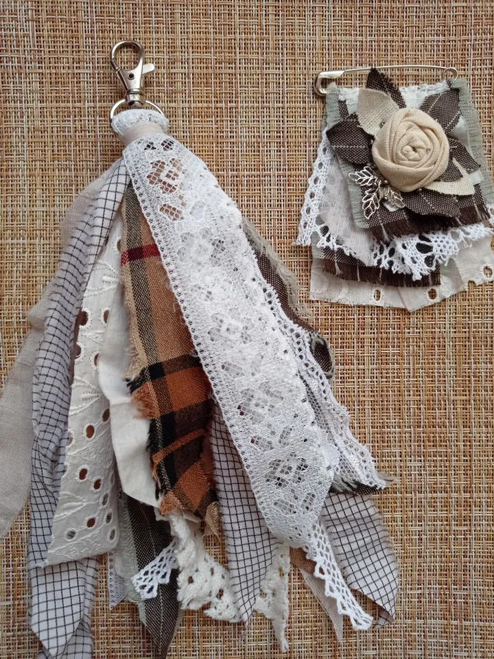 Set of brooch and keychain made of ribbons and boho fabric