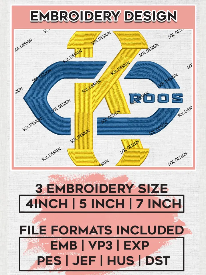 NCAA KC Roos Football Team Logo Embroidery Design Files, NCAA Kansas City Roos Machine Embroidery, NCAA Teams, Game Day, 3 sizes, NCAA Machine embroidery designs, Digital Download