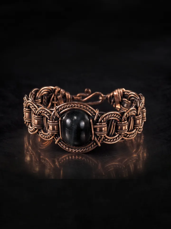 Copper wire bracelet with natural falcon eye, 7th Wedding Anniversary gift