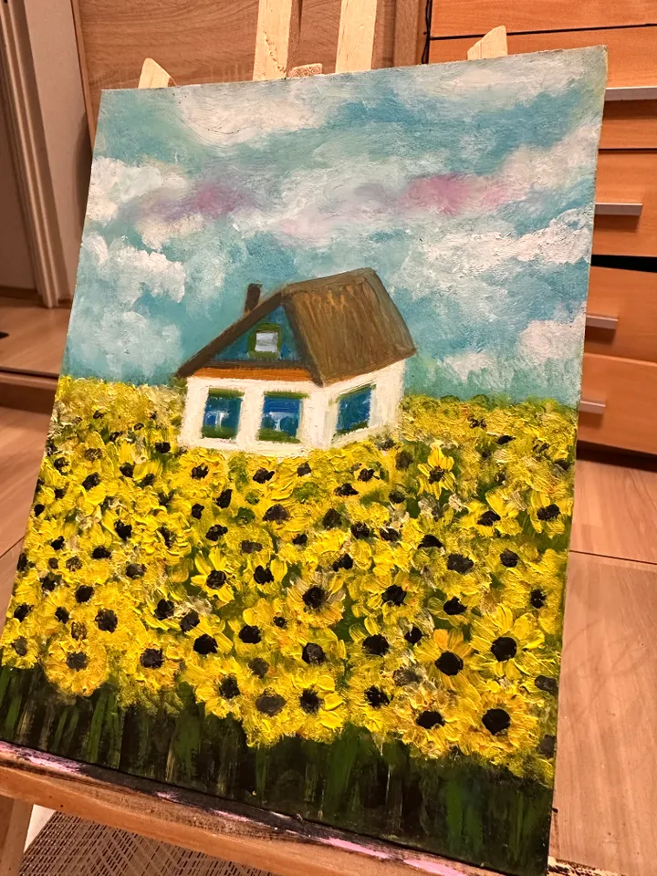 Oil Painting Country House in Sunflower Fields Agriculture Rural Landscape Flowers Nature Summer Vacation Wall Decor Miniature New Unframed Cardboard 9x7 Inches 24x18 cm