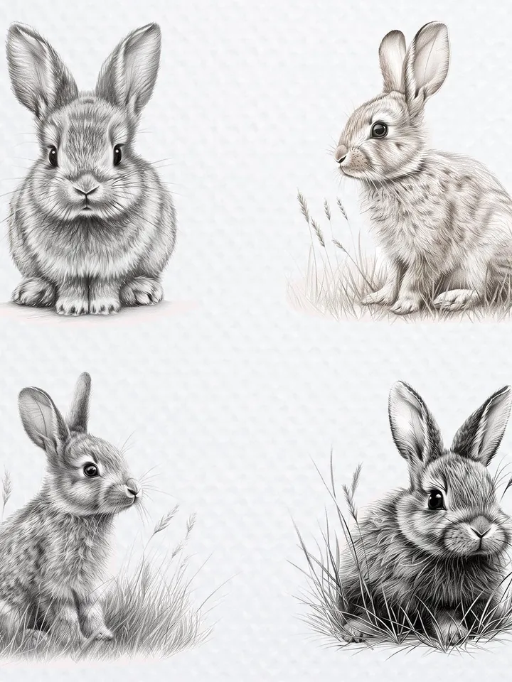12 Bunny Black White PNG Bundle, Line Art Clipart, Printable Watercolor Sublimation, Digital download, Paper craft, junk journal