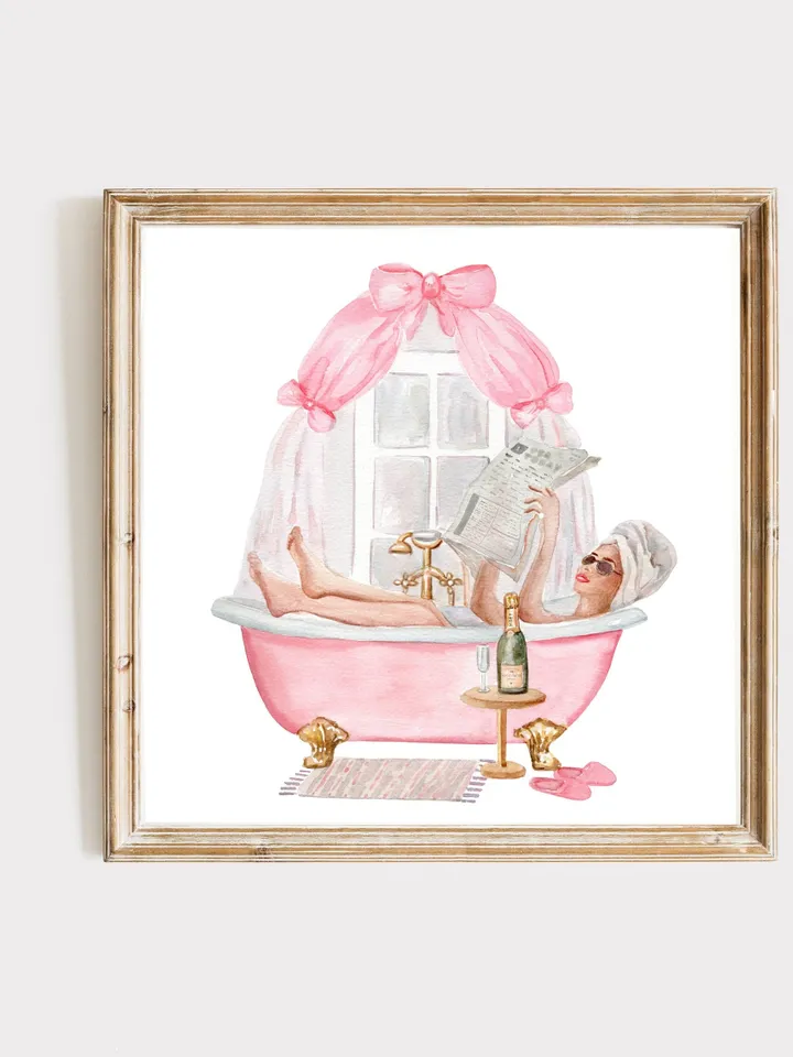 Pink Bathroom Vintage Bow Watercolor Print, Woman Drinking Art, Pink Bow, Pink Bathtub, Boho Bathroom, Bath Decor, Gift For Her, Bathtub Art