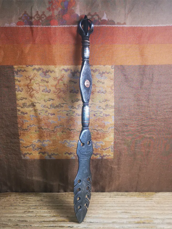 Gandhanra Handmade Tibetan Buddhist Ritual Implement - Dorje Phurba, Unique Manjusri Sword,Made of Cold Iron inlaid Copper, 12"
