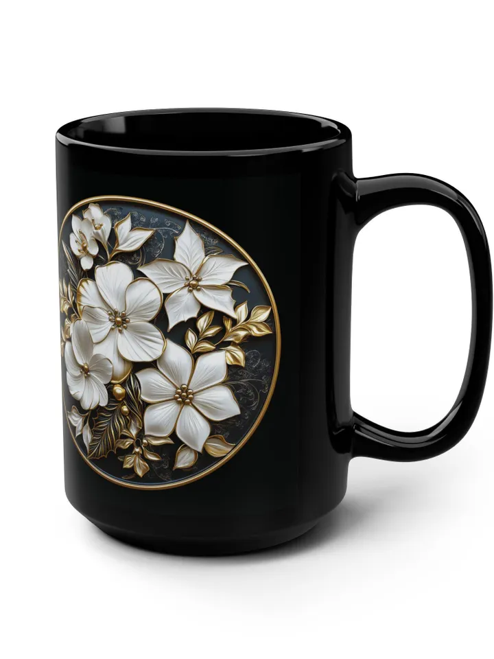 Elegant Floral Black Mug, 15oz | Perfect Gift for Tea Lovers, Home Decor, Wedding Favors, Mother's Day, Coffee Enthusiasts