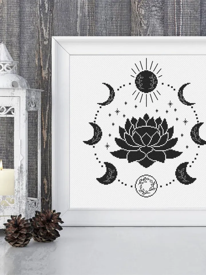 Mystical moon phase cross stitch pattern download PDF Lotus flower cross stitch chart, Floral moon cross stitch, Moon phase decor #L56