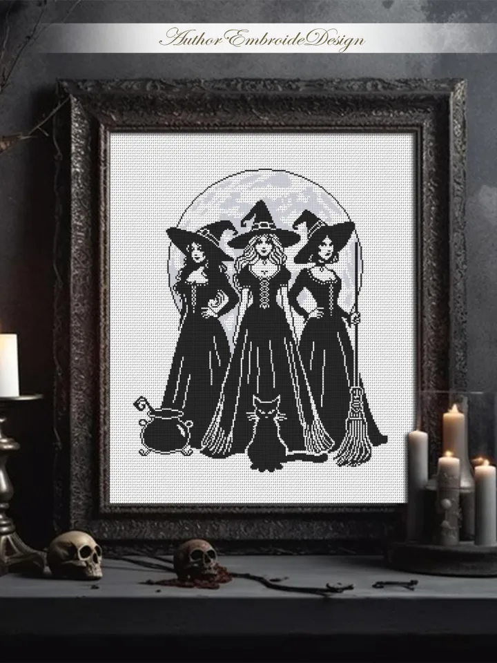 Halloween witches cross stitch pattern PDF download Witchy cross stitch chart, Witch pattern digital PDF, Full moon, Witch embroidery #H84