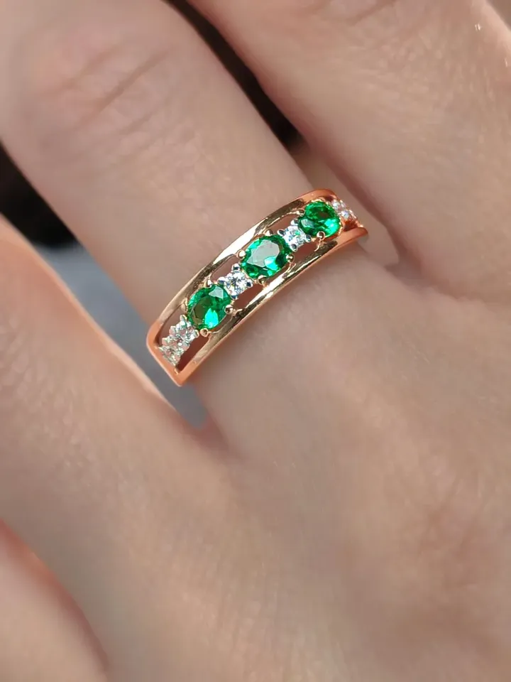 Ring silver 925, gold jewelry, women's, track with emeralds and cubic zirconia