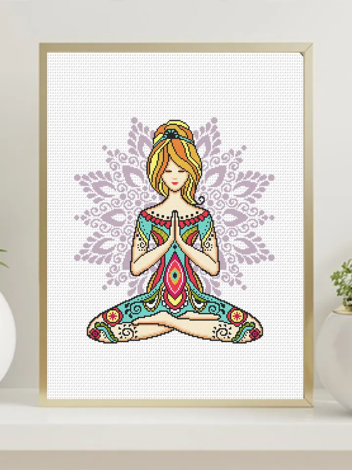 Yoga girl with mandala cross stitch pattern download PDF Yoga cross stitch chart, Chakra meditation cross stitch, Yoga art, Home decor #M187