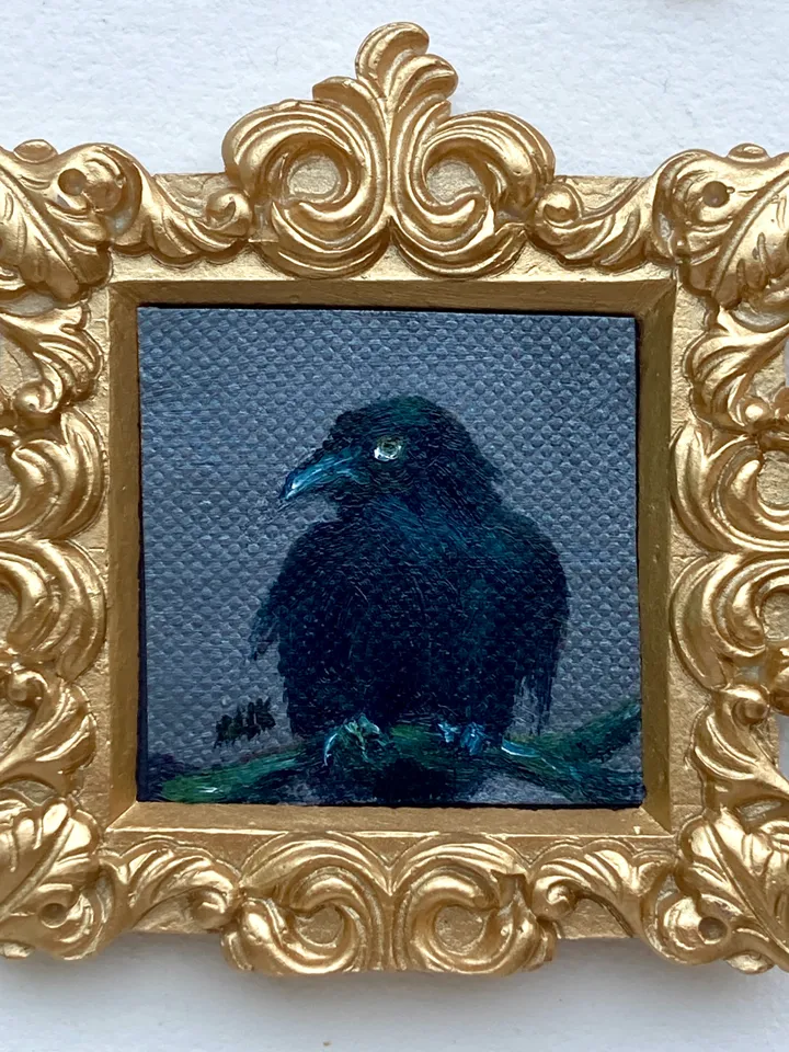 Framed Raven Painting Small Original Witch’s Friend Artwork Crow Art Tiny Oil Painting Bird