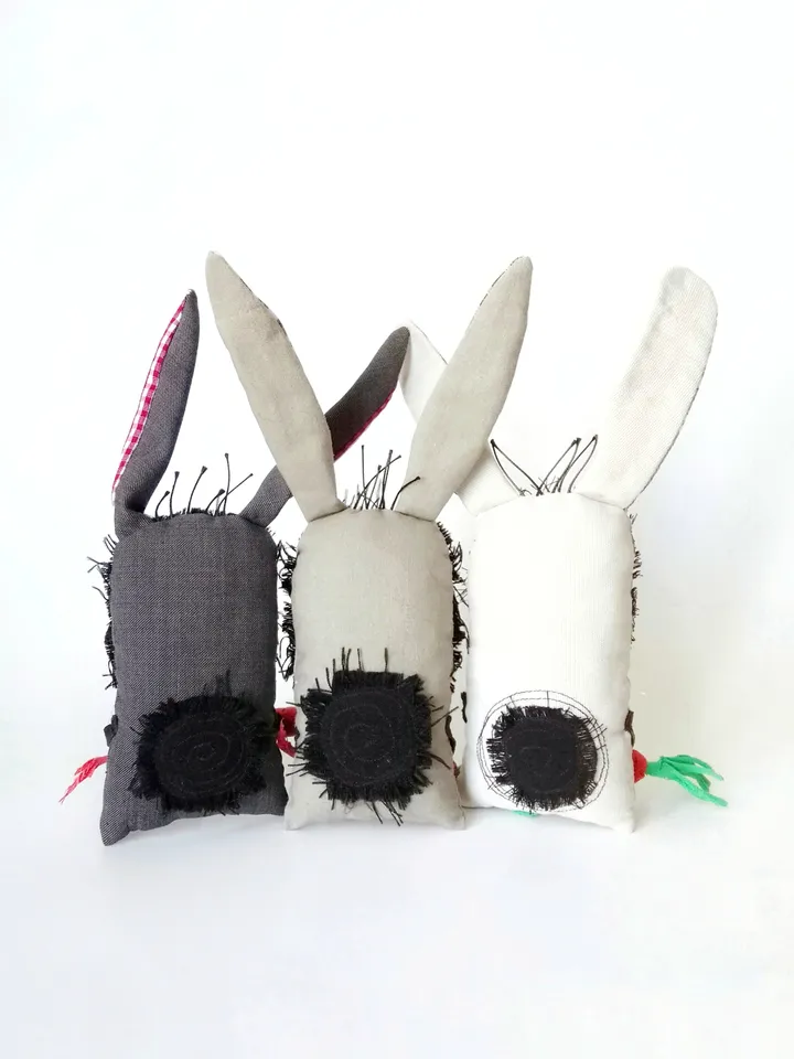 Handcrafted Quirky and Unique Fabric Art Bunnies: One-of-a-Kind Fun Delightful Interior Decor Toys with a Spooky Twist. FREE SHIPPING!
