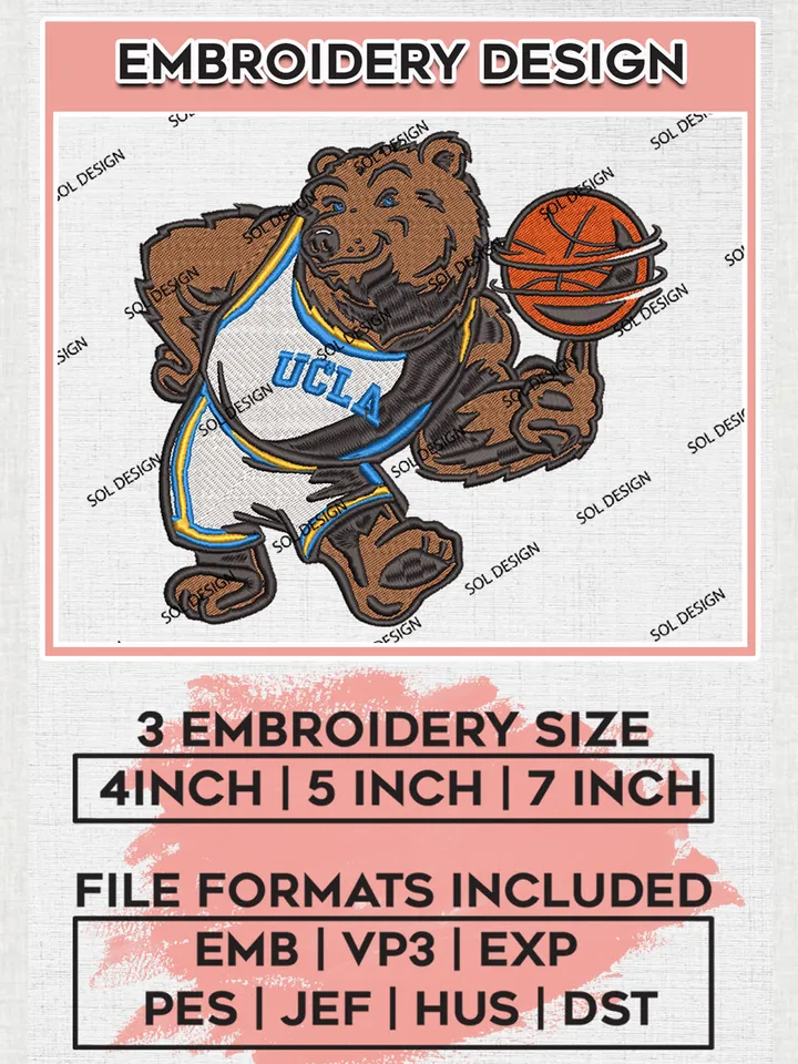 NCAA UCLA Bruins College Basketball Team Mascot Logo Embroidery Design Files, NCAA UCLA Bruins Machine Embroidery, NCAA Teams, 3 sizes, NCAA Machine embroidery designs, Digital Download