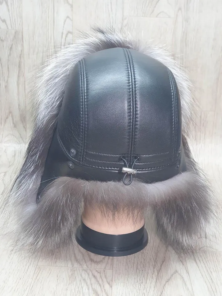 Men's silver fox hat, Winter hat for men, Genuine leather hat top, Fur hat with earflaps "Pilot". Warm men's hat