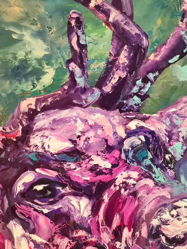 Deer North Aurora Borealis Reindeer Animals Original Art Oil Painting Artist Svinar Oksana