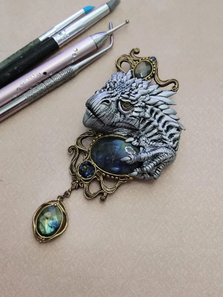 Brooch White Dragon, Dragon, Brooch with stones, unique brooch