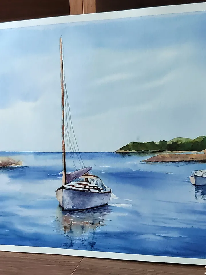 Original Watercolor Painting Water Landscape Art Boat on the Lake Artwork Boats Pictures 30x40 cm by SoftWaves