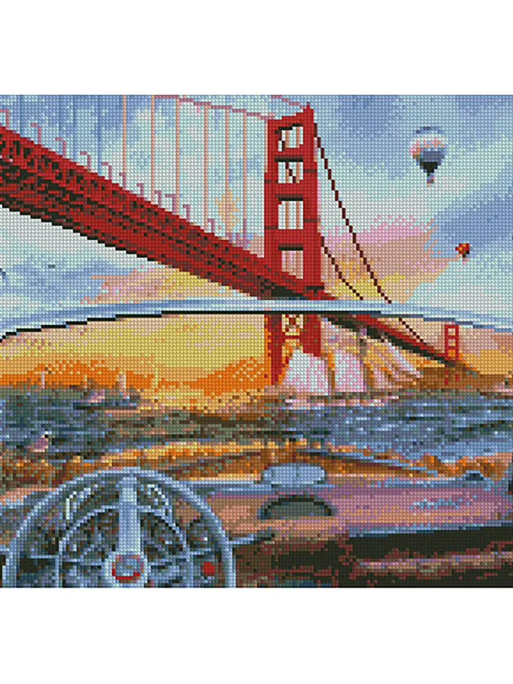 View of the Red Bridge, Manhattan Bridge, romance New York,Golden Gate Bridge, Suspension Bridge,diamond mosaic painting