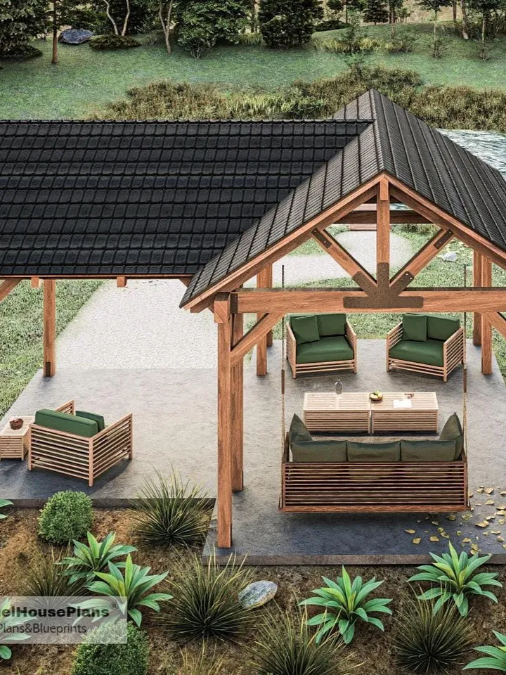 3-Gable Timber Frame Pavilion Plan, Outdoor Living Space Blueprints, Pergola structures
