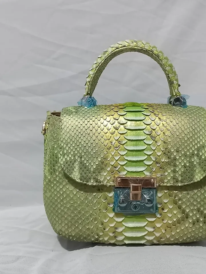 Genuine python top handle bag / designer bag / exotic leather bag / lime multicolor summer bag / snake print leather designer classy purse