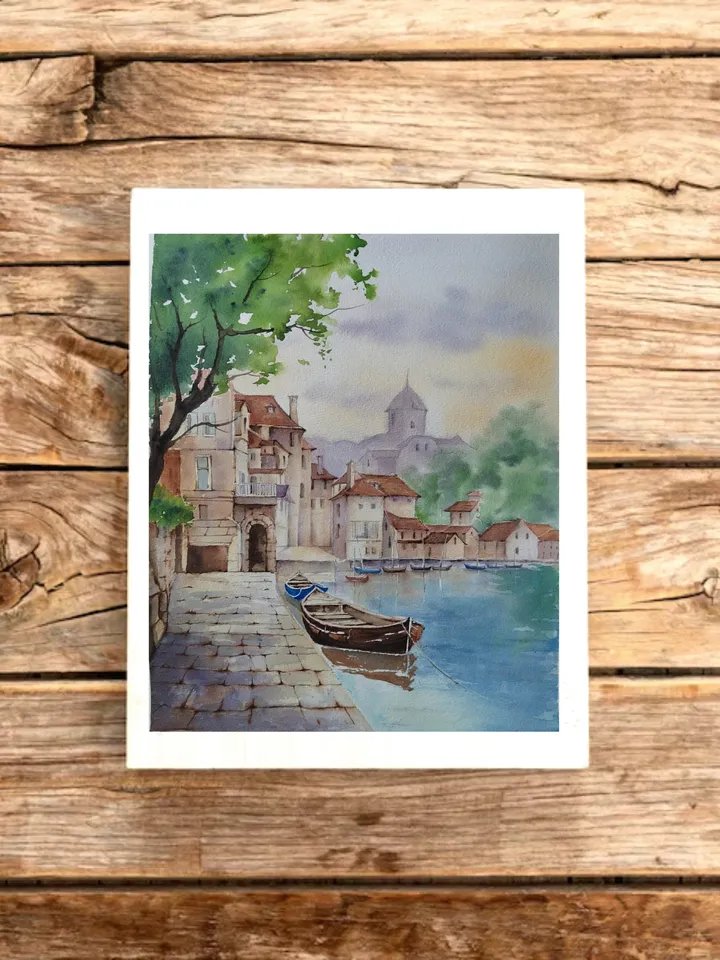 Original Watercolor Painting Cozy Landscape Art Italian Town Artwork Town Siesta Picture Sunny Day 30x40 cm by SoftWaves