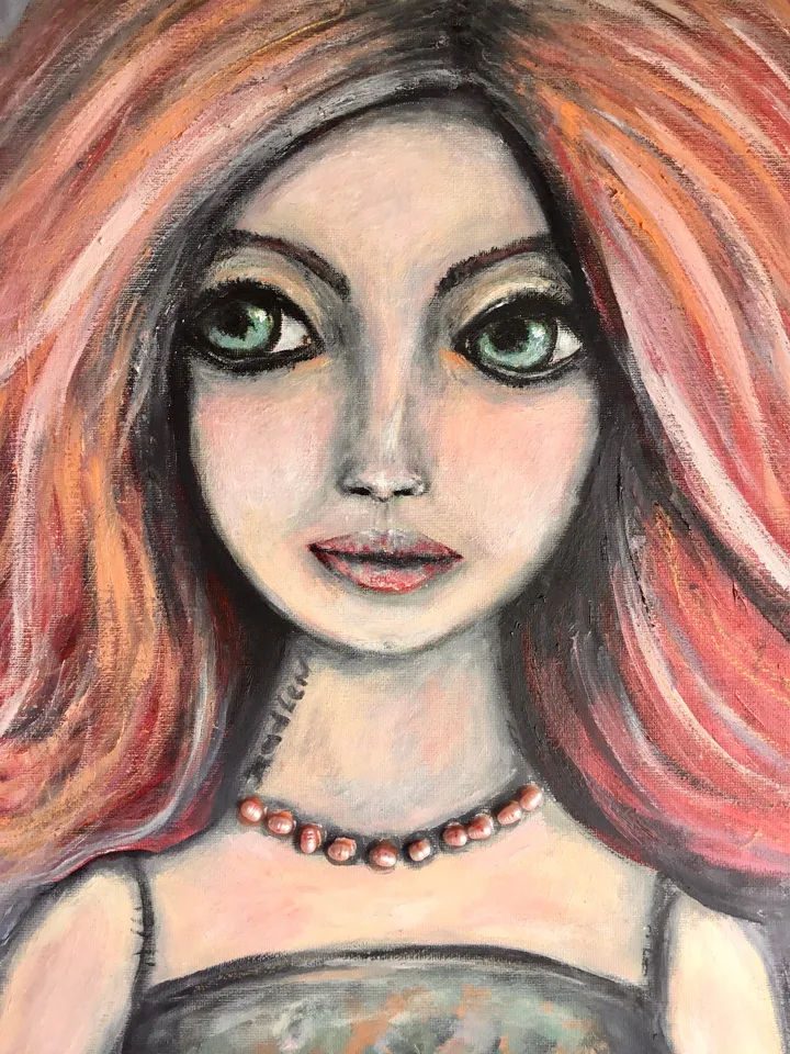 Madlen doll original oil and acrylic mix media painting on stretched canvas.decorated with natural rose river pearls,abstract background.