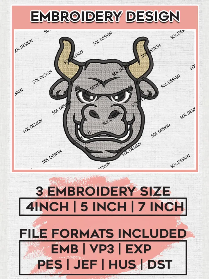 NCAA South Florida Bulls Team Head Mascot Logo Embroidery Design Files, NCAA South Florida Bulls Machine Embroidery, NCAA Teams, 3 sizes, NCAA Machine embroidery designs, Digital Download
