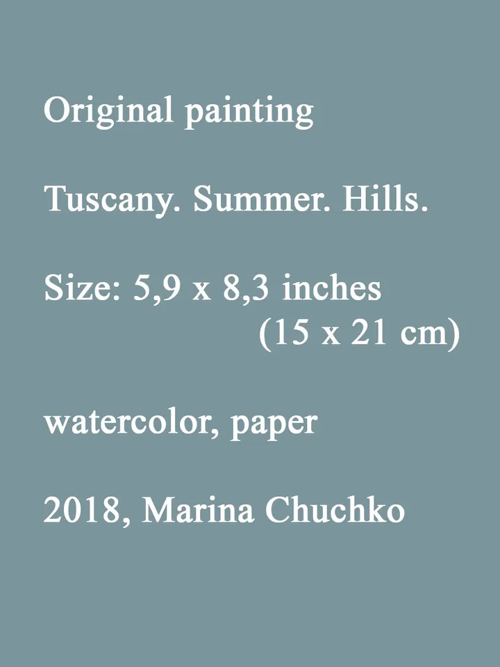 Tuscany Hills Sultry Summer Landscape 5,9 x 8,3 inches ORIGINAL Watercolor Painting yellow Small Art Signed by artist Marina Chuchko