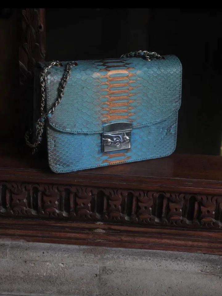 Genuine python skin crossbody blue classy bag| designer women leather handbag | snakeprint bag | crossbody purse | gift for her