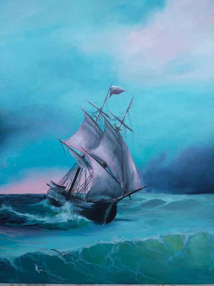 Commission Seascape oil painting Ship on the turquoise wave Wall art on
