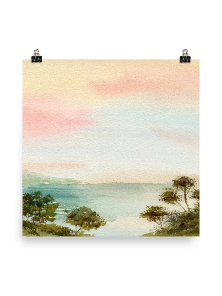 Colorful Landscape Watercolor Painting Art Print, Pink Sunset Art, Pastel Color Art, Boho Office Decor, Pink Landscape, Preppy Girl Decor