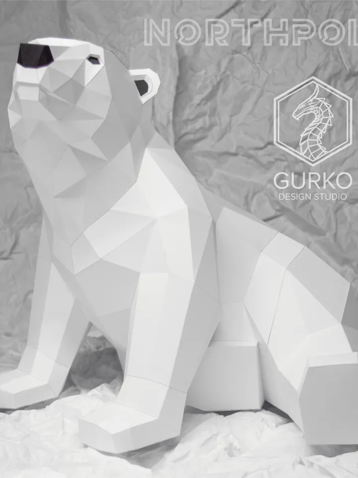 Baby Polar Bear (780 mm) Papercraft, Digital Template, PDF Download, Gurko, LowPoly, Pepakura, DIY Origami Sculpture, Paper Party Decoration