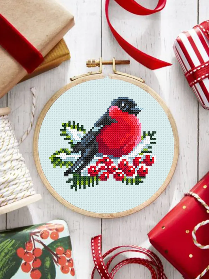 Bullfinch cross stitch pattern download PDF Christmas cross stitch chart, Simple beginner stitch, Christmas bird pattern digital PDF #N12