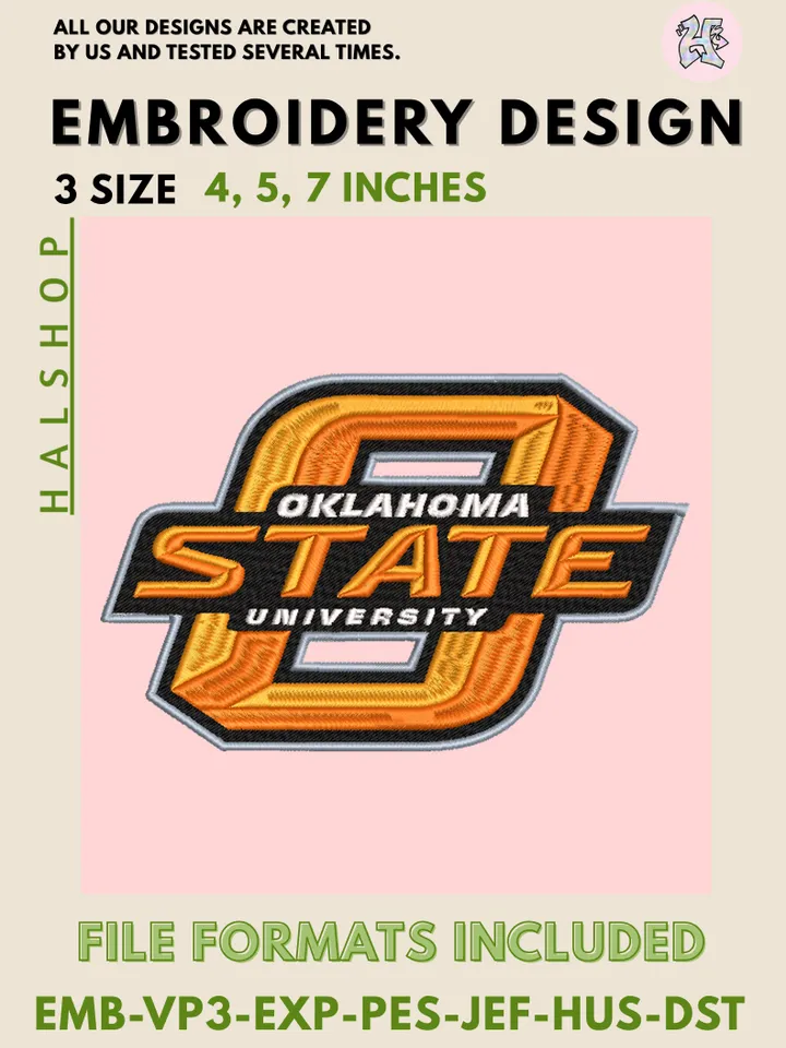 Oklahoma State University Cowboys Embroidery Design | NCAA Team Logo | PES, DST, EXP Files | Machine Embroidery Pattern