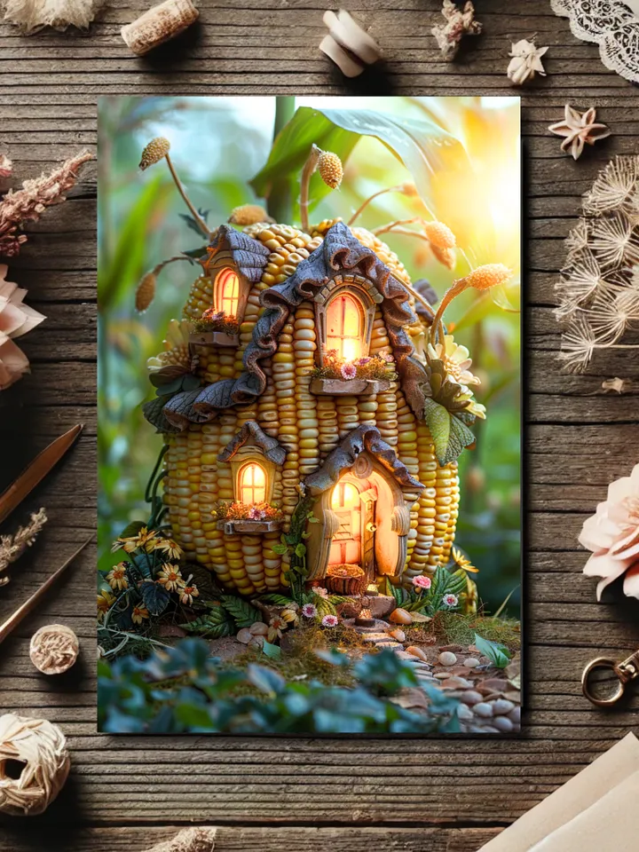 Set of 6 Enchanted Corn Cob Fairy House Postcards – Whimsical Fantasy Art