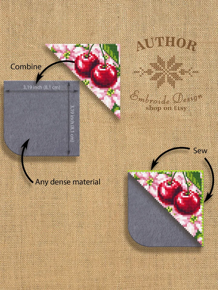 Corner bookmark cross stitch pattern PDF download Spring cross stitch chart, Floral bookmark corner digital PDF Сherry blossom Berries #B180