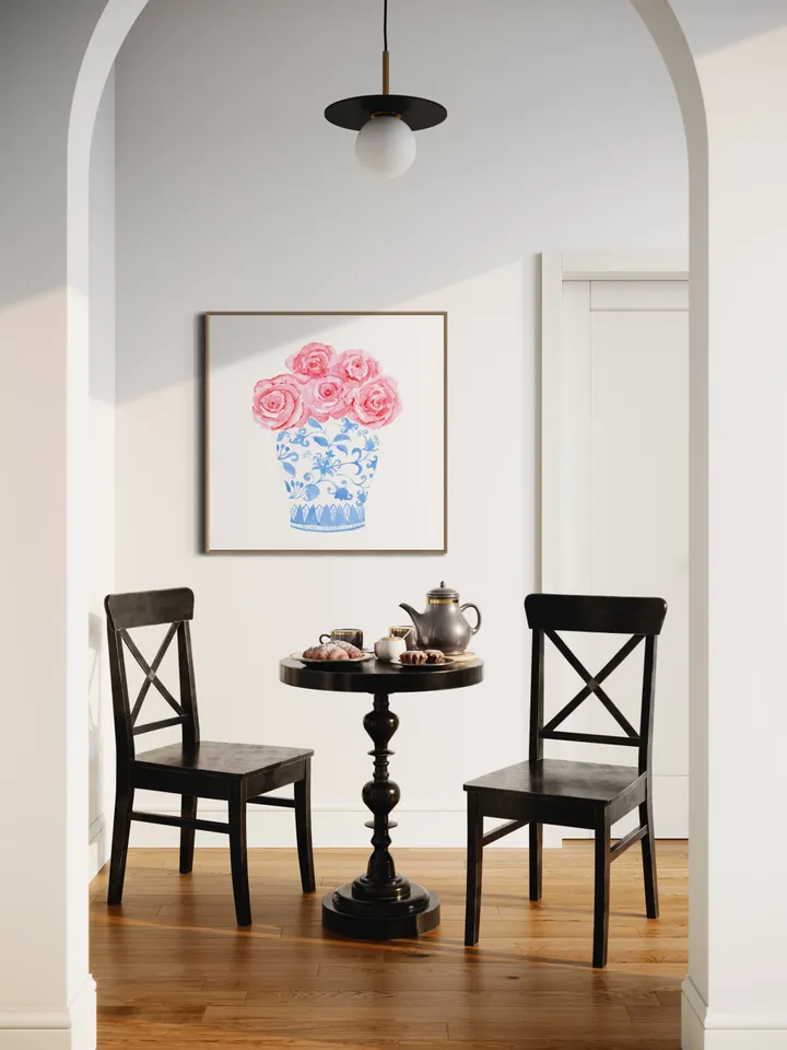 Blue Chinoiserie Vase Pink Rose Print, Watercolor Painting, Porcelain Giclee, Ginger Jar, Hampton Style Decor, Gift For Her, Blue And White