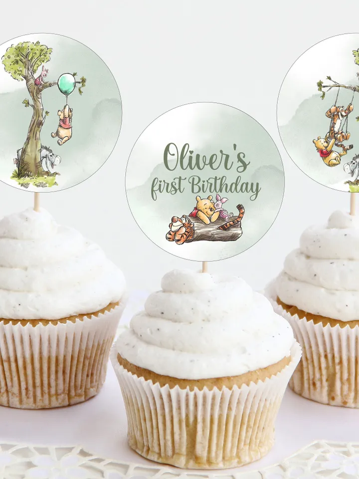 Editable Cupcake topper Hundred Acre Wood First Birthday party cupcake label; Winnie the Pooh Party; Classic Pooh Birthday topper ; wp2