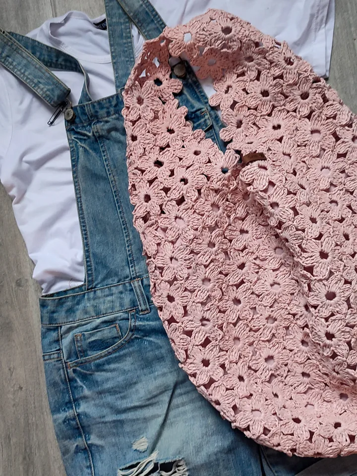 Pink Raffia Crochet Bag - Large Boho Purse for Women