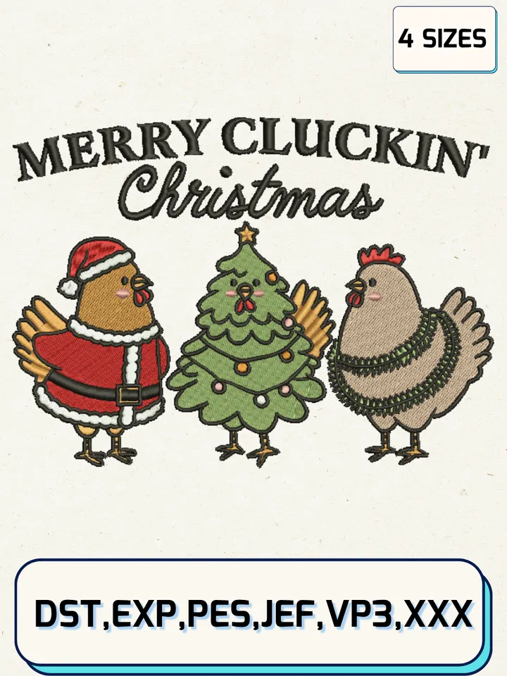 Merry Cluckin' Christmas Embroidery Designs,Christmas Embroidery Designs,Machine Embroidery Files,4 Sizes