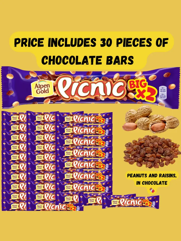 Chocolate bar "Picnic" Big, 30 pcs with peanuts and raisins 2,54oz (76,20oz)